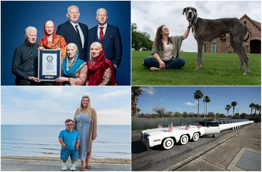 Collage siblings with albinism tallest dog longest car