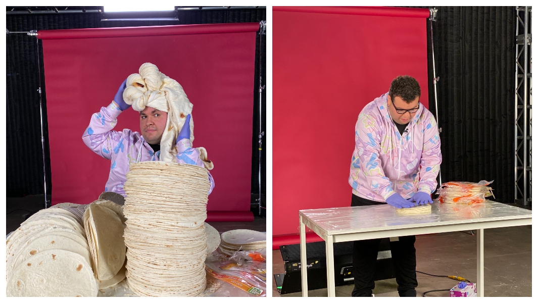 Angel Zayas with tortillas and then stacking them