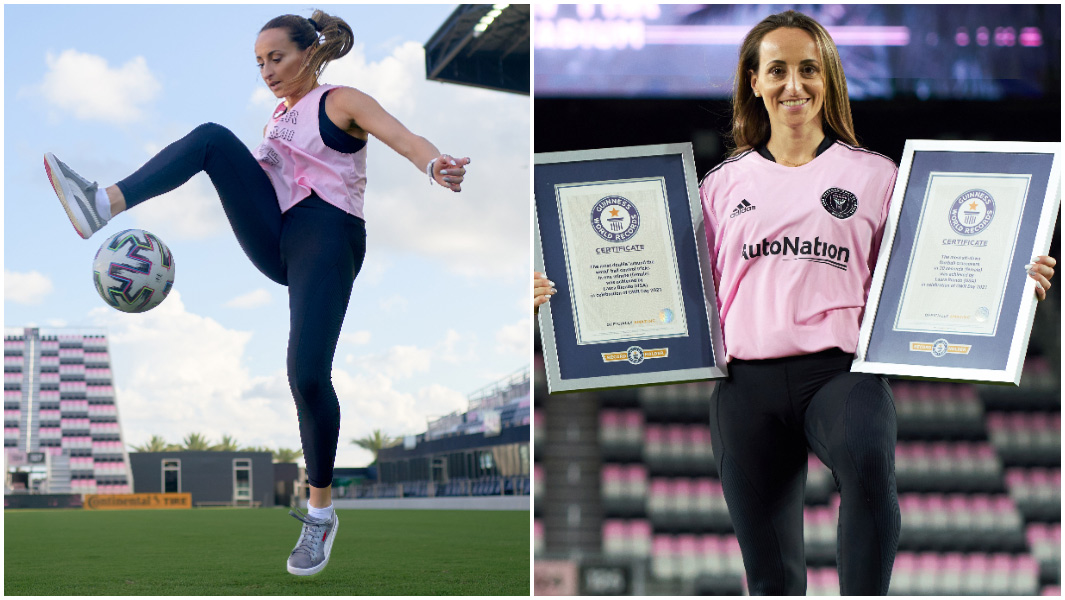 Laura Biondo performing football freestyle trick and standing with her GWR certificates