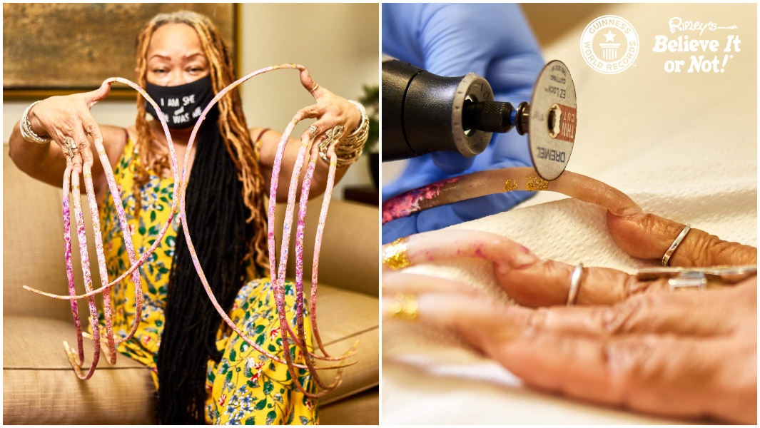ayanna having nails cut close up split image watermark