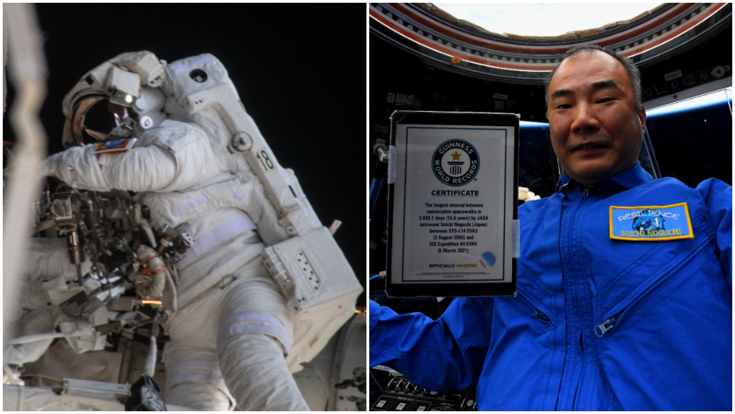 Soichi Noguchi during 2021 ISS space walk and with certificate split image