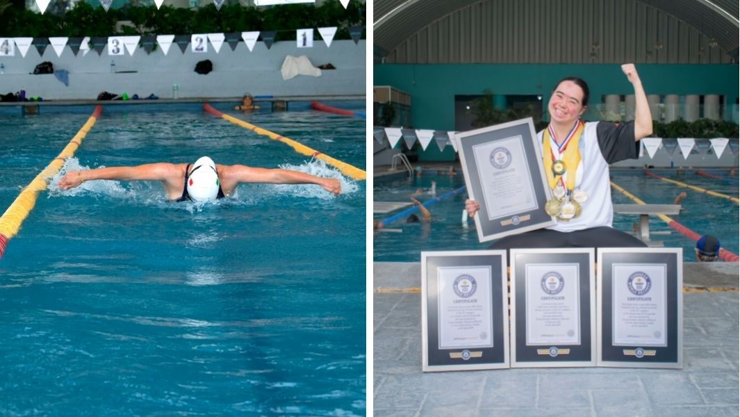 Dunia Camacho in the pool with GWR Certificate