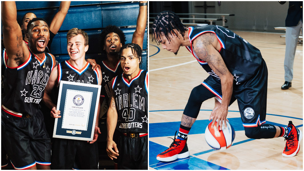 Harlem globetrotters celebrating and rock wham middleton dribbling