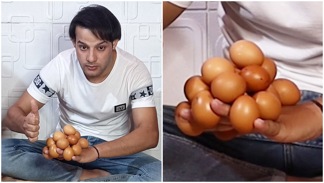 split image of most eggs balanced on the back of the hand with close up