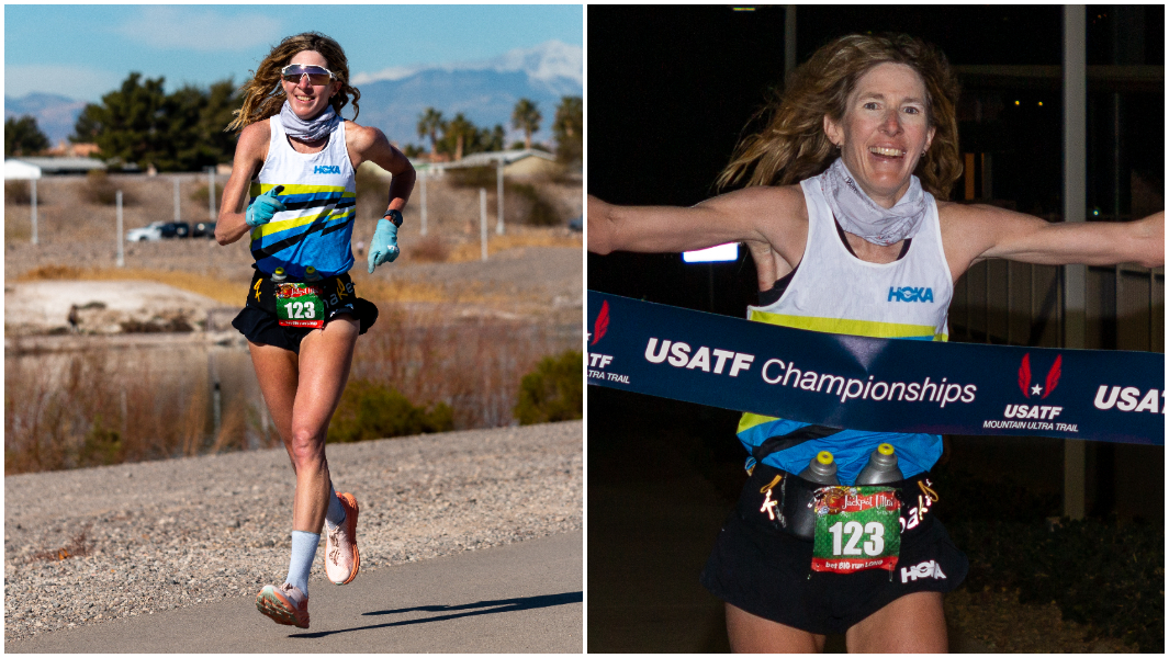 Camille Herron running and crossing the finish line