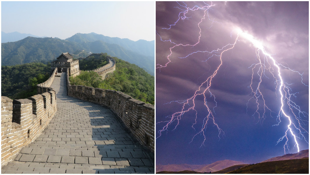 Split image Great wall of China and Lightning bolts