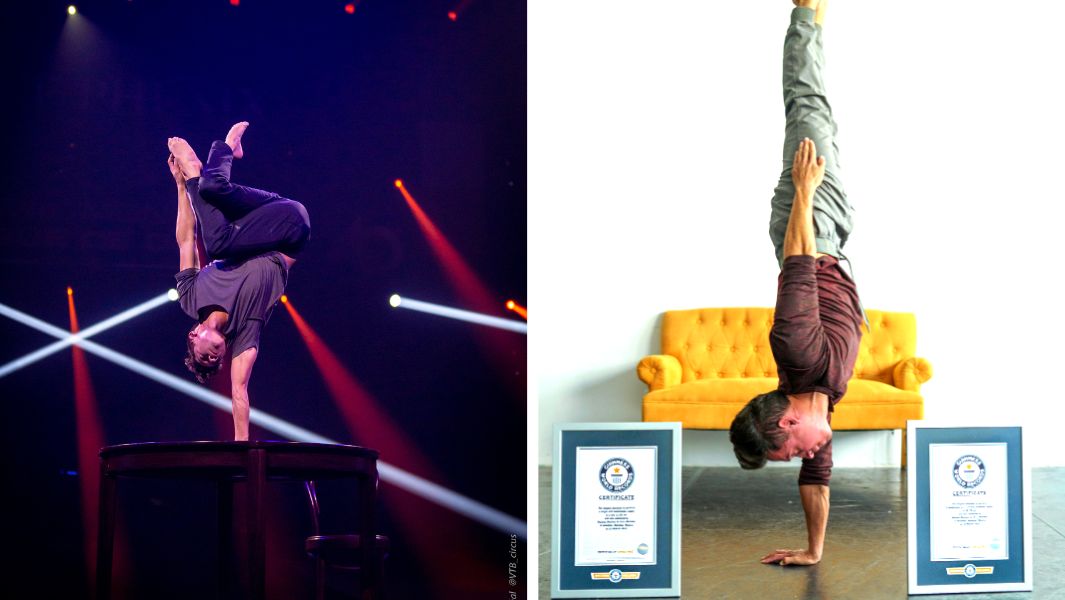 Split Image Longest duration to perform a single arm handstand