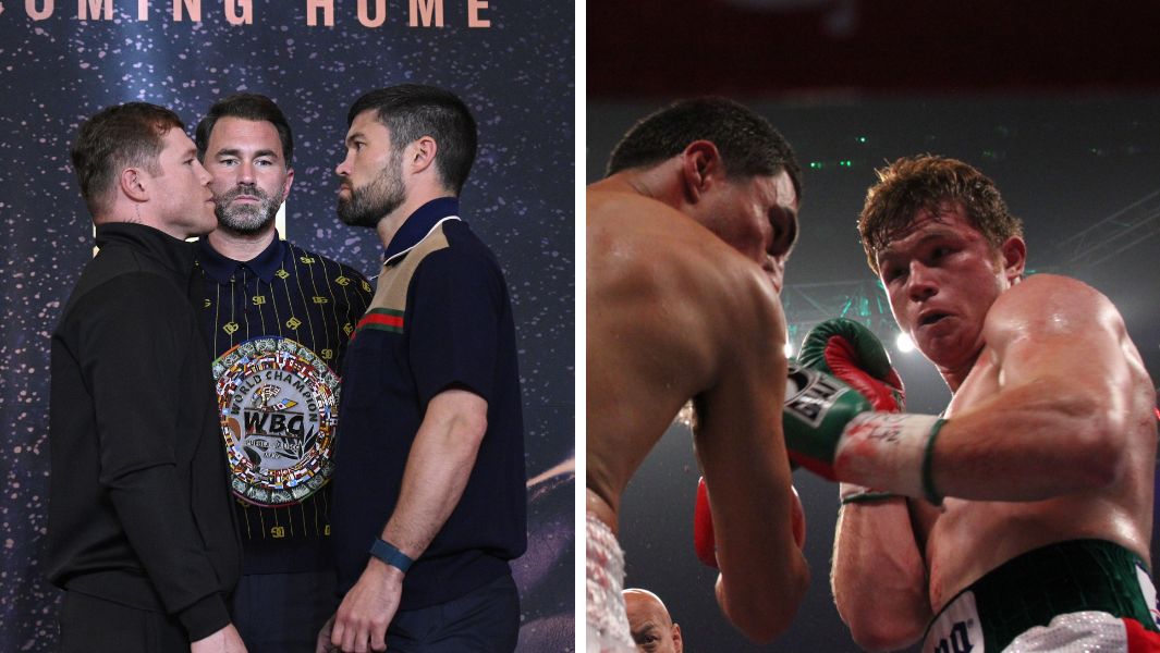 split image Canelo Alvarez in the ring and oponent