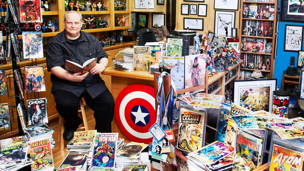 Bob surrounded by comics