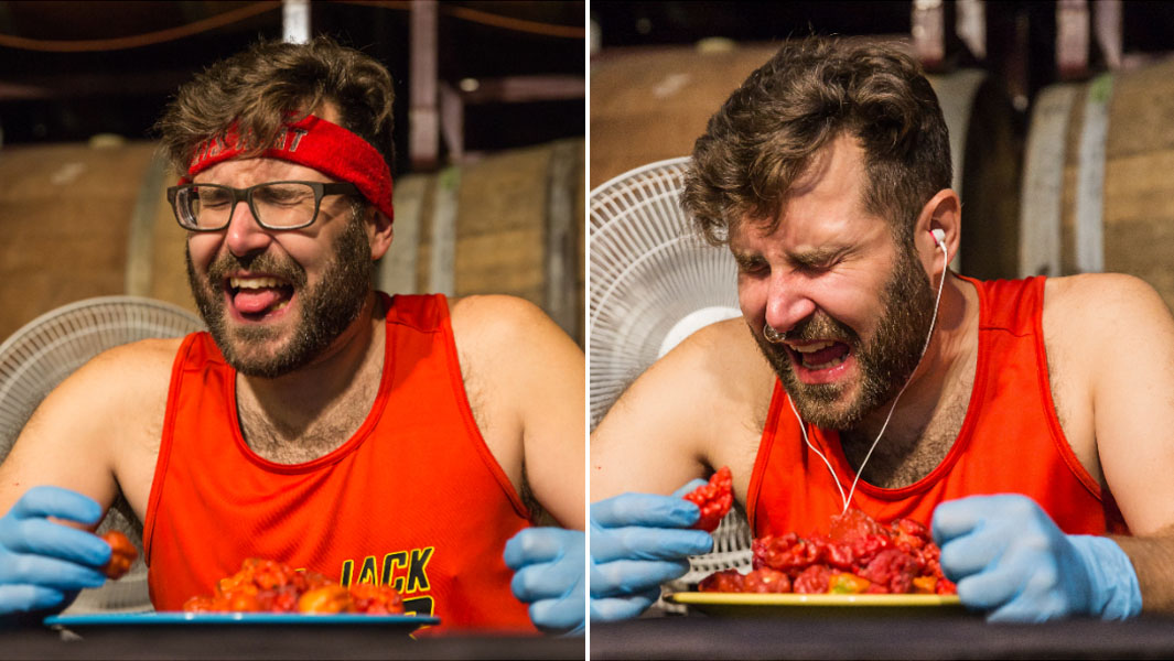 split image of Mike Jack eating Reapers