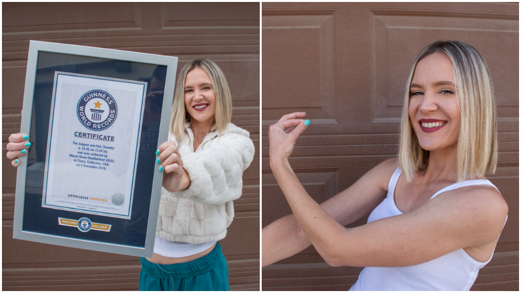 split-image-of-macie-davis-southerland-holding-gwr-certificate-and-stretching-out-longest-arm-hair.jpg