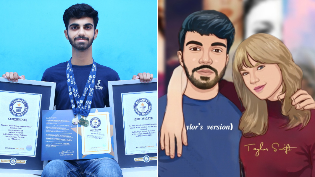split image of Bilal holding GWR certificates and fan art with Taylor Swift