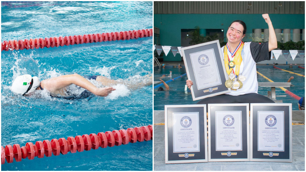 Split image of Dunia Camacho swimming and with her certificates