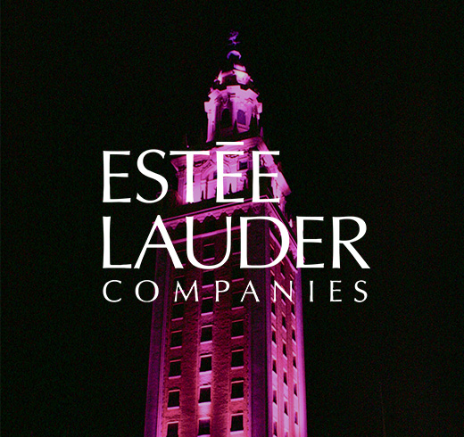 Estee Lauder logo in front of pink building